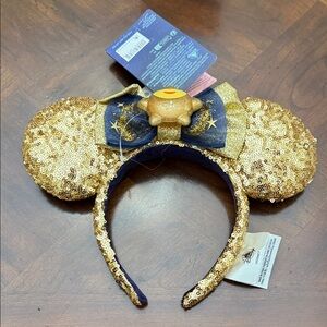 Disney Wish Gold Sequin Ears headband with Navy Bow